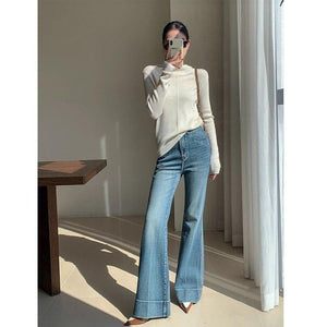 French Retro Style High Waist Bootcut Jeans for Women – Washed Denim Trousers - MRC STORE