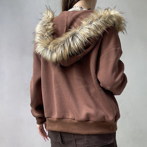 Fur Collar Hooded Sweatshirt – Retro Brown - MRC STOREHoodieMy StoreAmerican Retro Fur Collar Hooded Zipper Sweatshirt for Women - Street Hipster Style in Brown - MRC STOREMRC STORECJWY217064703CXBrownL