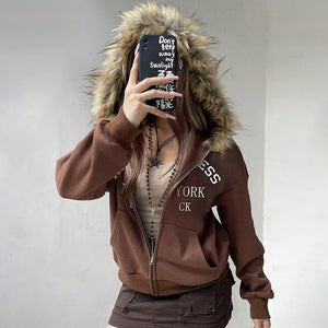 Fur Collar Hooded Sweatshirt – Retro Brown - MRC STOREHoodieMy StoreAmerican Retro Fur Collar Hooded Zipper Sweatshirt for Women - Street Hipster Style in Brown - MRC STOREMRC STORECJWY217064703CXBrownL