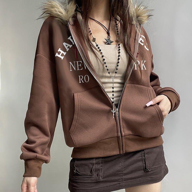Fur Collar Hooded Sweatshirt – Retro Brown - MRC STOREHoodieMy StoreAmerican Retro Fur Collar Hooded Zipper Sweatshirt for Women - Street Hipster Style in Brown - MRC STOREMRC STORECJWY217064703CXBrownL