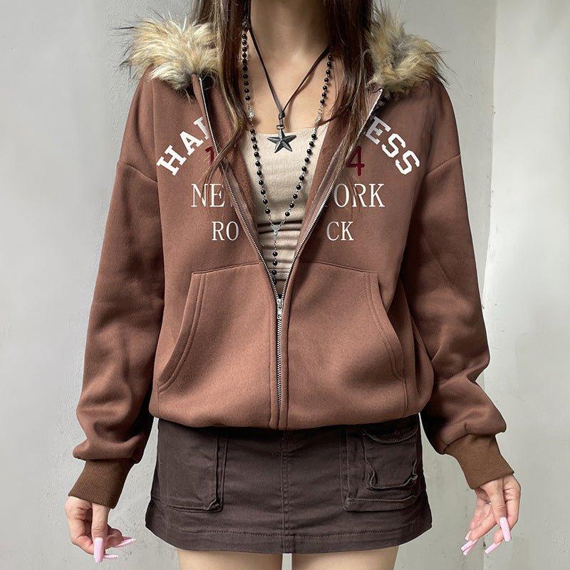Fur Collar Hooded Sweatshirt – Retro Brown - MRC STOREHoodieMy StoreAmerican Retro Fur Collar Hooded Zipper Sweatshirt for Women - Street Hipster Style in Brown - MRC STOREMRC STORECJWY217064703CXBrownL