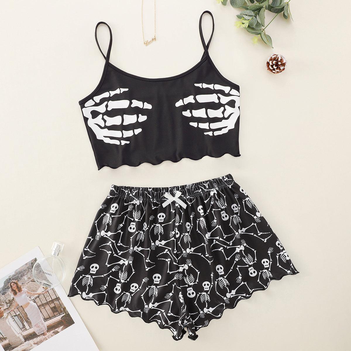 Halloween Pumpkin Print Sleeveless Sling Top and Shorts Pajama Set - MRC STOREsetMy StoreHalloween Pumpkin Print Sleeveless Sling Top and Shorts Pajama Set - MRC STOREMRC STORECJYD215179423WD9443 BlackL