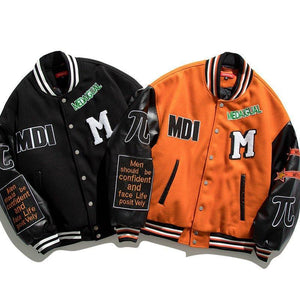 Heavy Baseball Cotton Padded Coat - MRC STOREJacketsMy StoreA person wearing an orange baseball - style cotton padded coat with black details and text on the sleeves, over a white top.MRC STORECJPK213787602BYBlackL