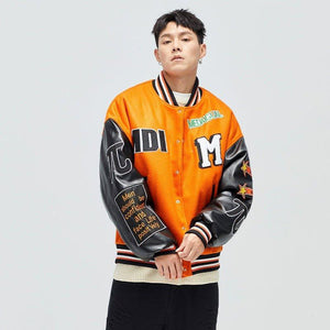 Heavy Baseball Cotton Padded Coat - MRC STOREJacketsMy StoreA person wearing an orange baseball - style cotton padded coat with black details and text on the sleeves, over a white top.MRC STORECJPK213787602BYBlackL