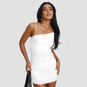 Hip Pleated Sling Dress – Diagonal Collar - MRC STOREDressMy StoreElegant Diagonal Collar Pleated Sling Dress - Women's Fashion Short Dress - MRC STOREMRC STORECJLY217492004DWWhiteL