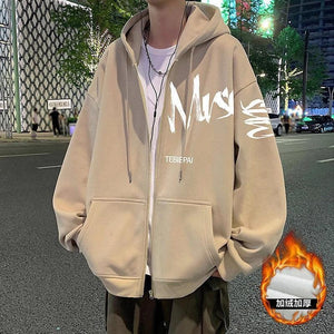 Hong Kong Style Letter Printed Full Zip Hoodie – Cozy & Stylish Outerwear for Youth - MRC STORE