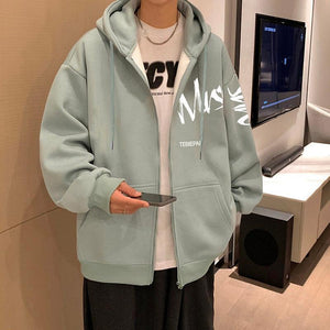 Hong Kong Style Letter Printed Full Zip Hoodie – Cozy & Stylish Outerwear for Youth - MRC STORE