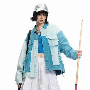 Irregular Color Contrast Patchwork Denim Jacket - MRC STORETopMRC STOREA person wearing a blue and white patchwork denim jacket with irregular color contrasts. The jacket has a casual style with visible pockets and button details.MRC STORECJXZ209847202BYBlueL