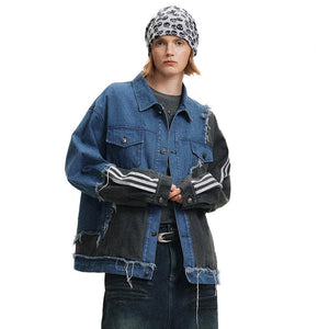 Irregular Patchwork Coat – Color Contrast Design - MRC STORETopMRC STOREA person wearing an irregular patchwork coat with color contrasts, featuring a denim blue and black design.MRC STORECJXZ211155102BYBlueL