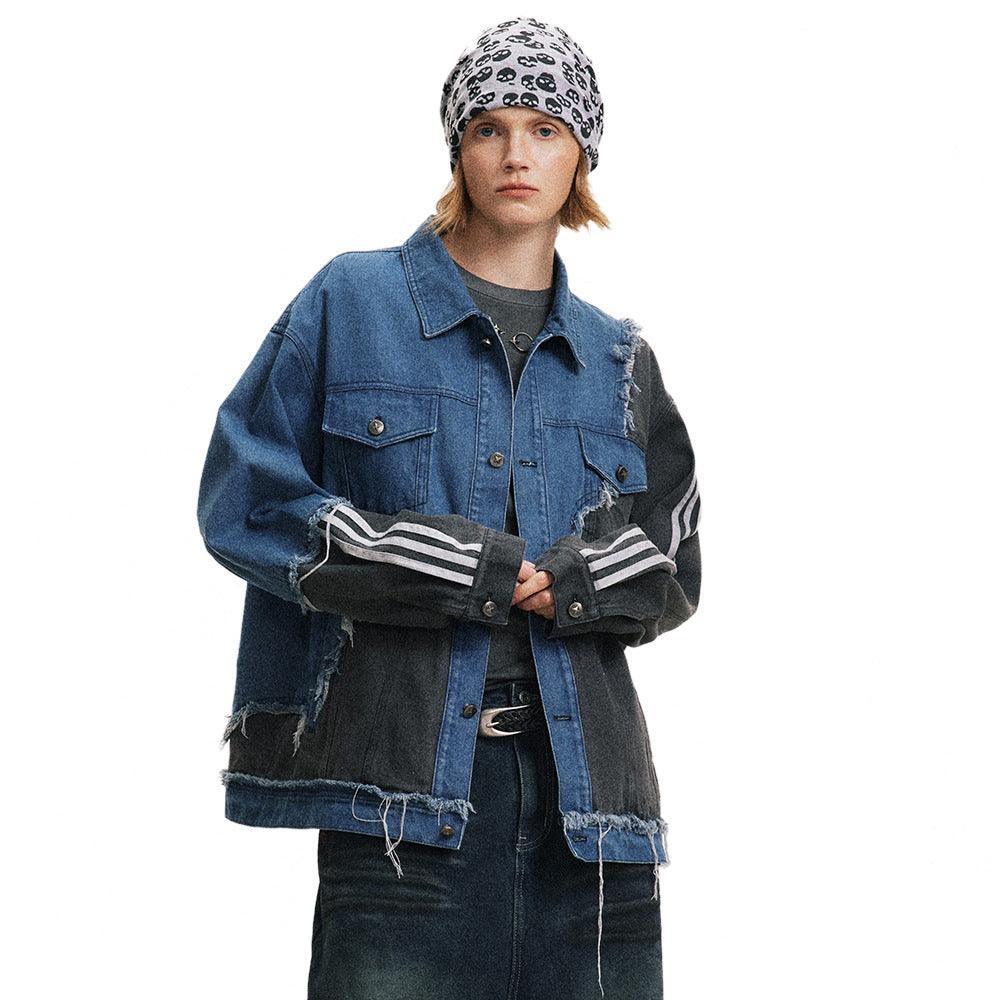 Irregular Patchwork Coat – Color Contrast Design - MRC STORETopMRC STOREA person wearing an irregular patchwork coat with color contrasts, featuring a denim blue and black design.MRC STORECJXZ211155102BYBlueL