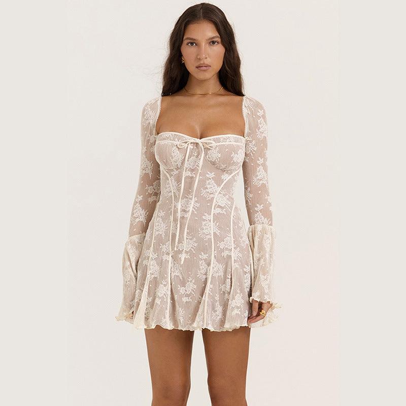 Lace Bell Sleeve A - Line Dress - MRC STORETopMRC STOREA woman wearing a beige, floral lace bell - bottom dress with a square neckline and long sleeves.MRC STORECJLY184631603CXLight Apricot ColoredL