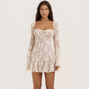 Lace Bell Sleeve A - Line Dress - MRC STORETopMRC STOREA woman wearing a beige, floral lace bell - bottom dress with a square neckline and long sleeves.MRC STORECJLY184631603CXLight Apricot ColoredL