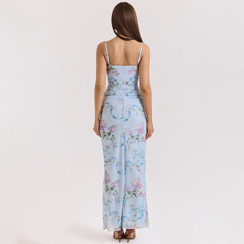 Lace Dress - Floral Sling Slim Waist - MRC STOREDressMy StoreA woman's blue floral lace dress with a sling neckline, sleeveless design, and a high waist. The dress features a grid - like lace pattern and a split at the front.MRC STORECJLY235229503CXBlueL