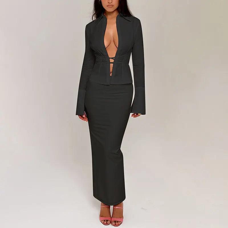 Lace - Up Shirt & High Waist Slit Skirt Set - MRC STORETopMy StoreLace - Up Shirt & High Waist Slit Skirt Set - MRC STOREMRC STORECJLS211708103CXBlackL