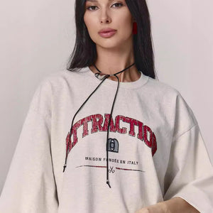 Letter T-Shirt - Loose Shoulder Printed Top - MRC STORET-ShirtsMy StorePerson wearing a white sweatshirt with red text and black drawstrings on a plain backgroundMRC STORECJCS204529003CXGray And WhiteL