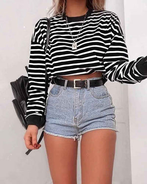 Long Sleeve Crop Top T-Shirts - MRC STOREtopMRC STORELong Sleeve Crop Top T-ShirtsMRC STORECJNSSYCS08259-Stripes-LStripesL
