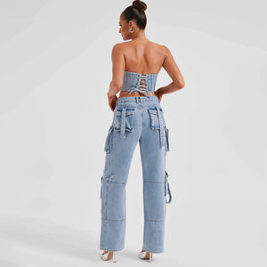 Low Waist Jeans - Tube Top Wide - Leg Set - MRC STOREbottomsMy StoreWomen’s Low Waist Jeans - Tube Top Wide - Leg Set My Store MRC STORECJNZ197175703CXBlue PantsL