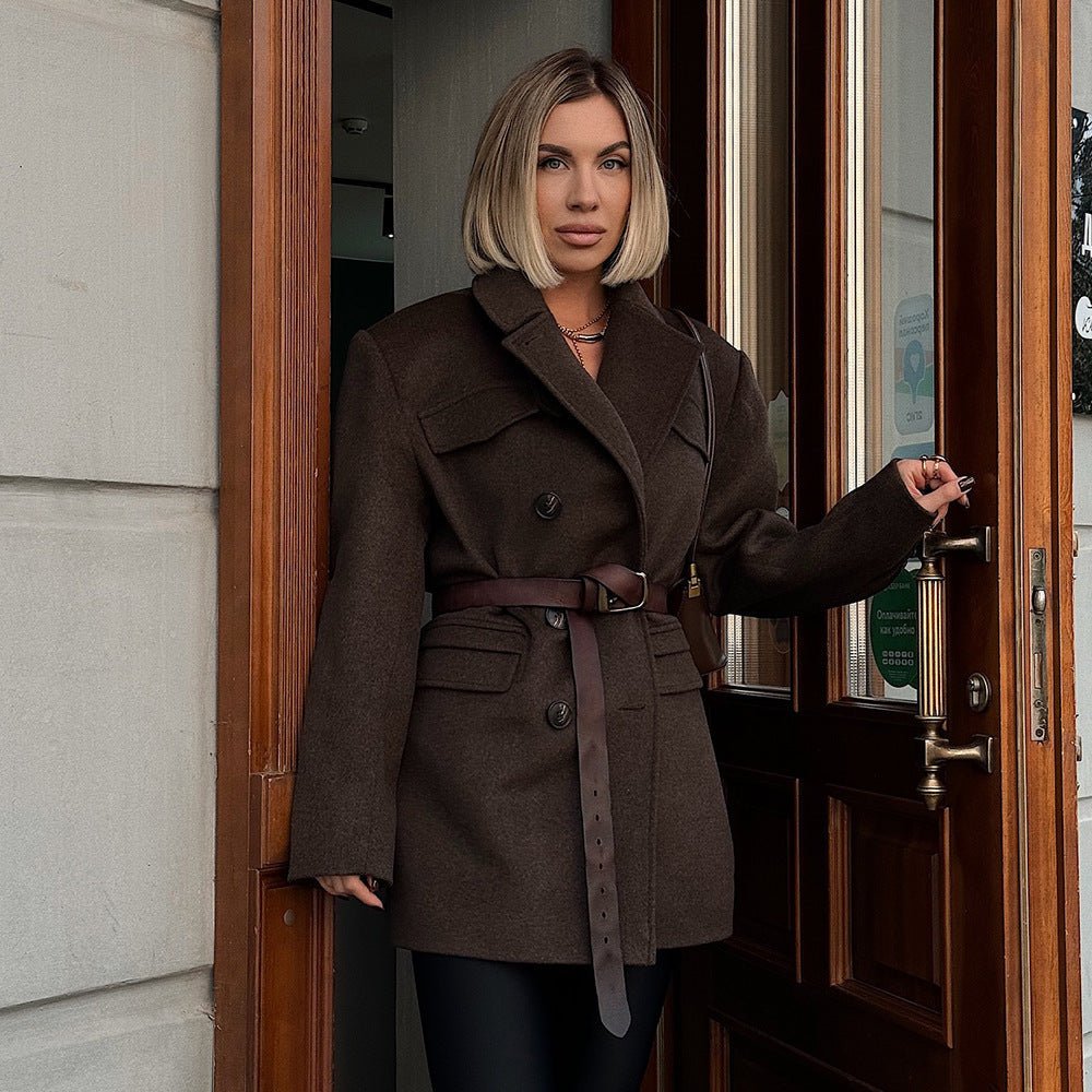 Mid - Length Double - Breasted British - Style Wool Coat - MRC STOREJacketsMRC STOREWoman in a brown coat standing in a doorwayMRC STORECJQB255465703CXGrayL