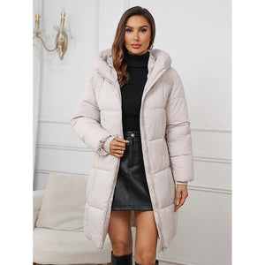 Mid Length Plus Size Hooded Cotton Coat - MRC STORETopMy StoreA woman wearing a mid - length hooded cotton coat in a milky white color, standing near a Christmas tree and wooden structures.MRC STORECJJK211344730DWBeige3XL