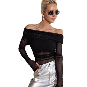 Off - Neck Mesh Slim Fit Top – Long Sleeve - MRC STORETopMy StoreWomen's Solid Color Slim - Fit Off - Neck Mesh Top – Street Fashion Long Sleeve Pullover - MRC STOREMRC STORECJCS227039203CXBlackL