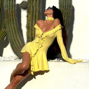 Off - Shoulder Dress Women - Sweetheart Lace - MRC STOREDressMy StoreA woman wearing an off - shoulder dress with a sweetheart lace design in yellow, white, and black colors, featuring long sleeves and a high waist.MRC STORECJLY228734606FUWhiteL