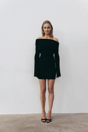 Off - Shoulder Ribbed Knit Long Sleeve Mini Dress - Elegant Slim Fit - MRC STOREDressMy StoreOff - Shoulder Ribbed Knit Long Sleeve Mini Dress - Elegant Slim Fit - MRC STOREMRC STORECJLY218335106FUBlackL