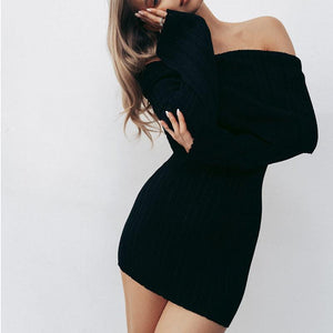 Off-Shoulder Ribbed Knit Long Sleeve Mini Dress - Elegant Slim Fit - MRC STORE