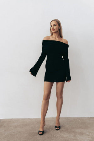 Off-Shoulder Ribbed Knit Long Sleeve Mini Dress - Elegant Slim Fit - MRC STORE