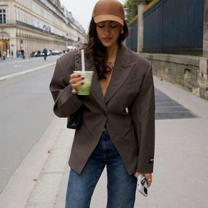 Olive Green Fashion Blazer - MRC STOREJacketsMRC STOREA woman wearing an olive green blazer, paired with blue jeans, holding a drink and a phone while walking on a street.MRC STORECJYD227948103CXOlive GreenL