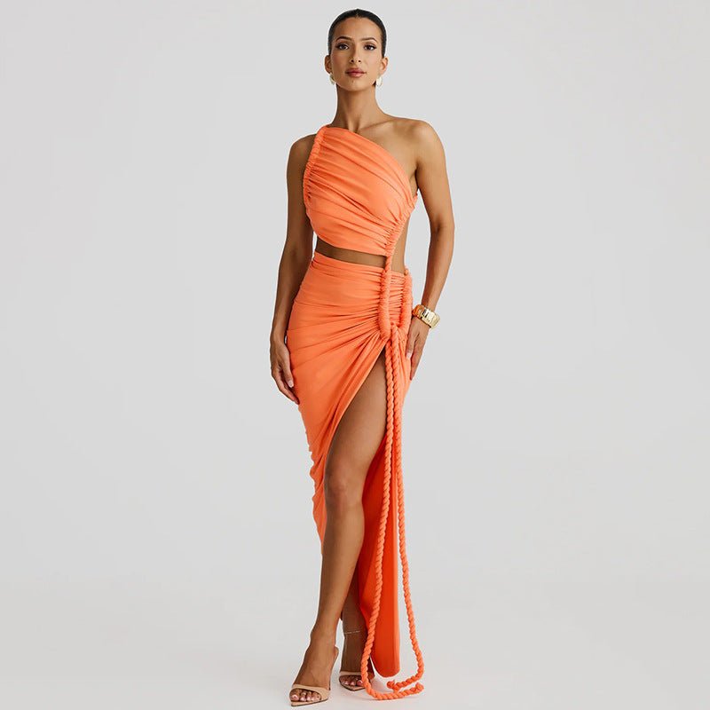 One - Shoulder Dress - Backless Ruched Long - MRC STOREDressMy StoreWoman wearing an orange one - shoulder dress with a slit on a light gray backgroundMRC STORECJLY242112303CXApricotL