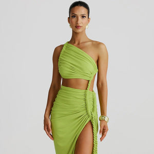One - Shoulder Dress - Backless Ruched Long - MRC STOREDressMy StoreWoman wearing a green one - shoulder dress with a slit on a light gray backgroundMRC STORECJLY242112303CXApricotL