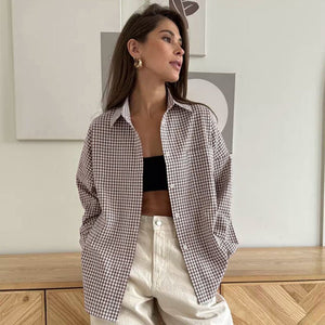 Plaid Shirt - Loose Cotton Fit - MRC STOREshirtMy StoreWoman wearing a checkered shirt over a black crop top in a room with wooden flooring.MRC STORECJYD210691303CXPlaidL