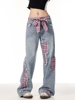 Plaid Stitching Wide Leg Jeans with Bowknot - MRC STOREjeansMRC STOREPlaid Stitching Wide Leg Jeans with Bowknot – Sweet & Trendy - MRC STOREMRC STORECJXX219845207GTBlackL