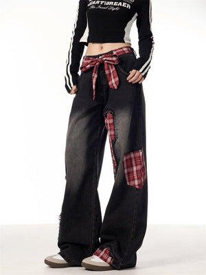 Plaid Stitching Wide Leg Jeans with Bowknot – Sweet & Trendy - MRC STORE
