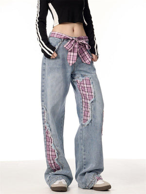 Plaid Stitching Wide Leg Jeans with Bowknot – Sweet & Trendy - MRC STORE