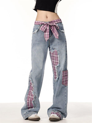 Plaid Stitching Wide Leg Jeans with Bowknot – Sweet & Trendy - MRC STORE