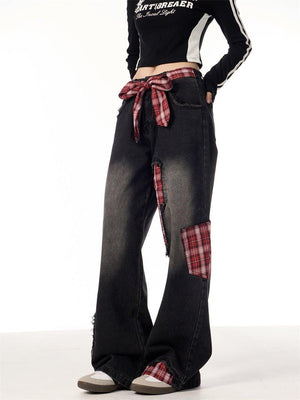 Plaid Stitching Wide Leg Jeans with Bowknot – Sweet & Trendy - MRC STORE