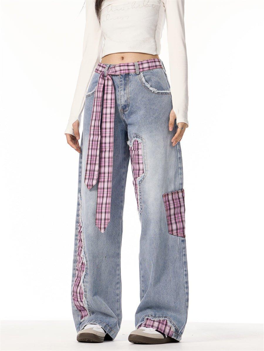 Plaid Stitching Wide Leg Jeans with Bowknot – Sweet & Trendy - MRC STORE