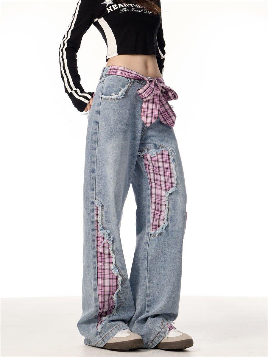 Plaid Stitching Wide Leg Jeans with Bowknot – Sweet & Trendy - MRC STORE