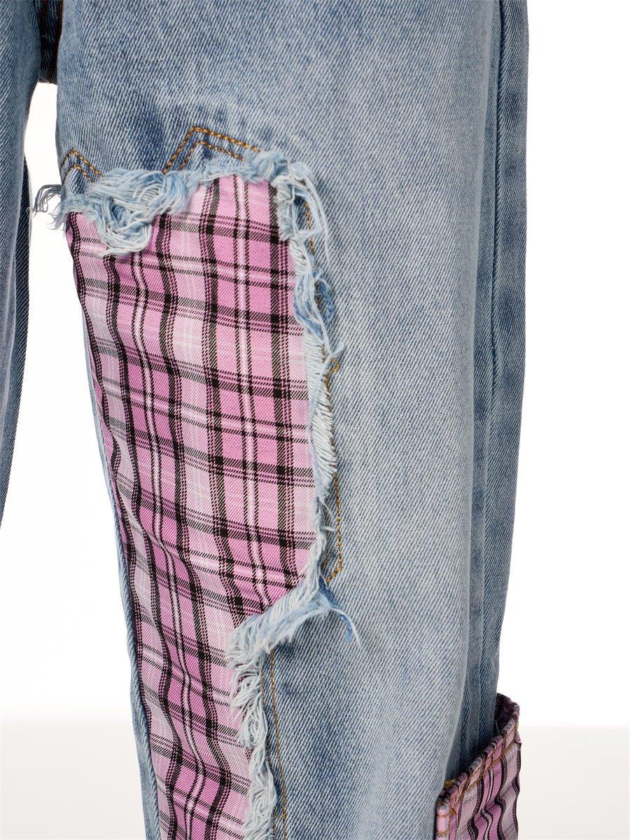 Plaid Stitching Wide Leg Jeans with Bowknot – Sweet & Trendy - MRC STORE