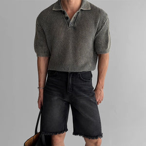 Polo Shirt - Honeycomb Knitted Short Sleeve - MRC STOREshirtMy StoreA man wearing a gray honeycomb knitted short - sleeved polo shirt with black collar, and black denim shorts.MRC STORECJYH235045902BYGrayL