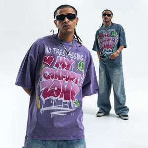 Retro Distressed Letter Print T-Shirt – Washed and Dyed Cotton for Everyday Style - MRC STORE