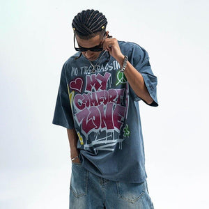 Retro Distressed Letter Print T-Shirt – Washed and Dyed Cotton for Everyday Style - MRC STORE
