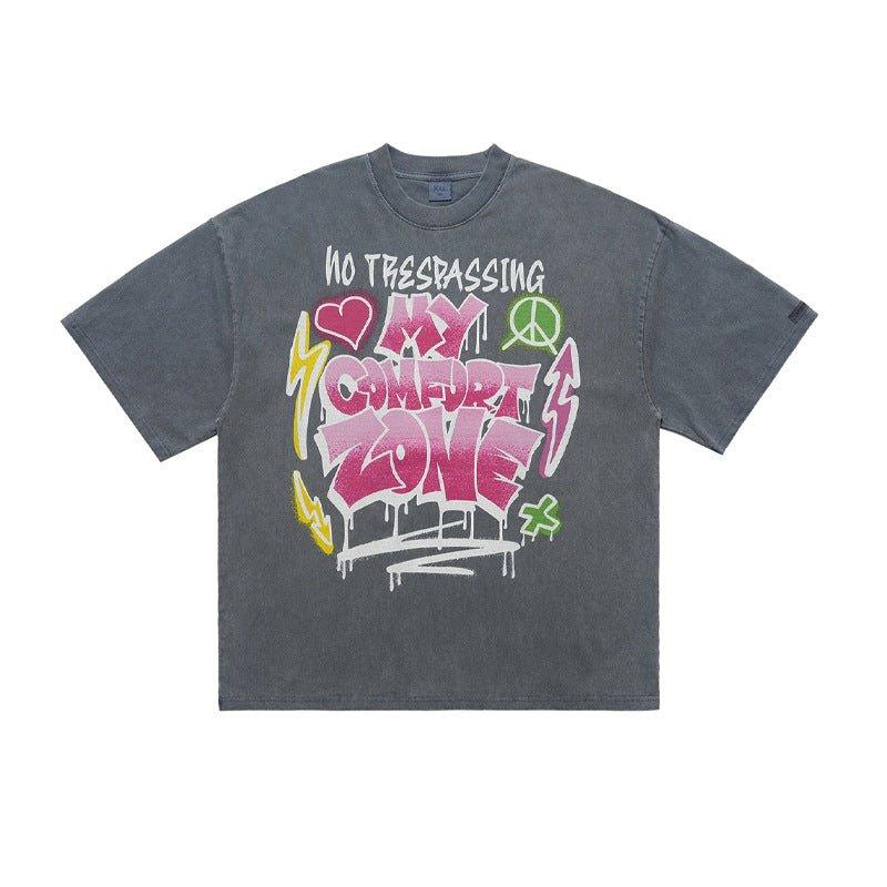 Retro Distressed Letter Print T-Shirt – Washed and Dyed Cotton for Everyday Style - MRC STORE