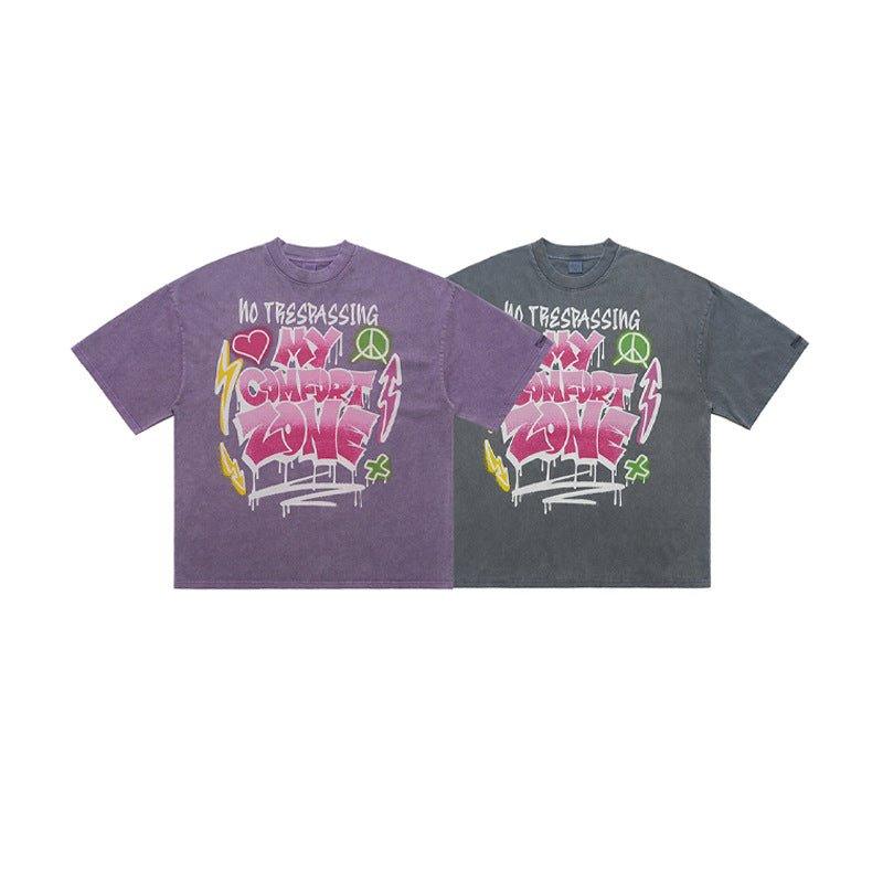 Retro Distressed Letter Print T-Shirt – Washed and Dyed Cotton for Everyday Style - MRC STORE