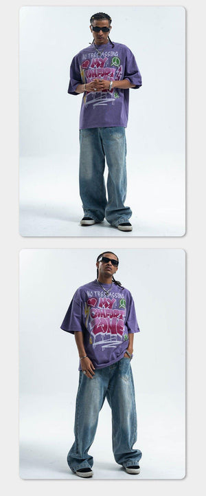 Retro Distressed Letter Print T-Shirt – Washed and Dyed Cotton for Everyday Style - MRC STORE