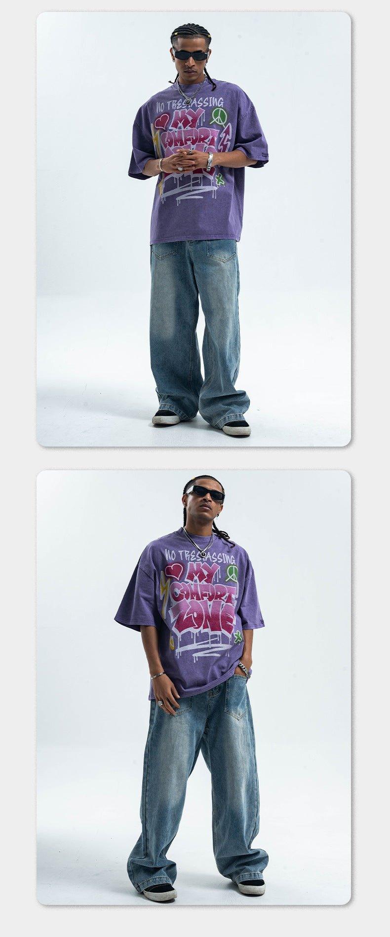 Retro Distressed Letter Print T-Shirt – Washed and Dyed Cotton for Everyday Style - MRC STORE