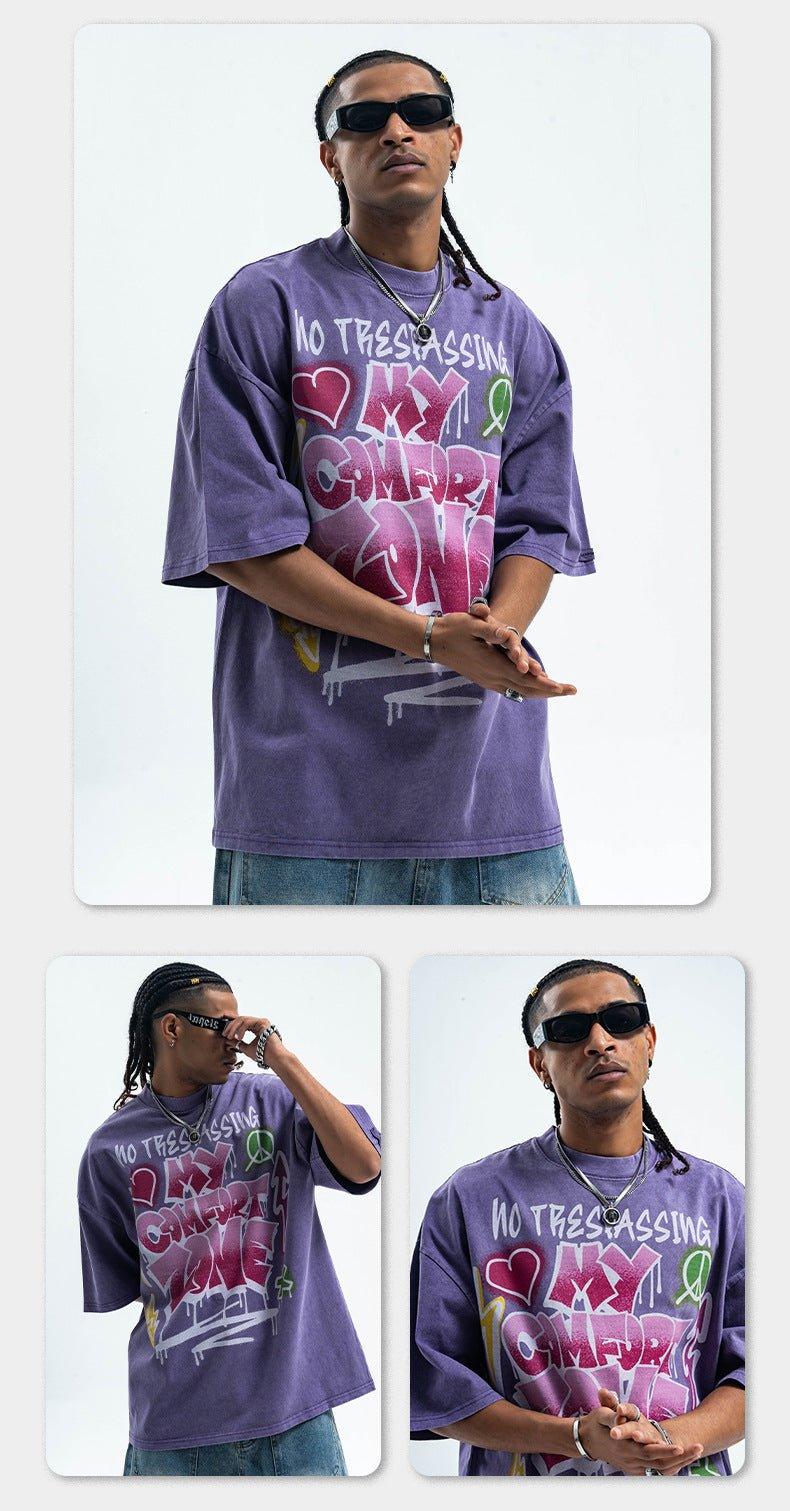 Retro Distressed Letter Print T-Shirt – Washed and Dyed Cotton for Everyday Style - MRC STORE