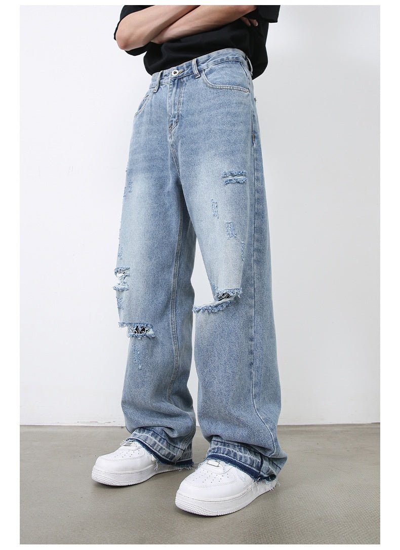 Ripped Jeans - Retro High Street Blue - MRC STOREjeansMy StoreA pair of men's blue ripped jeans with a straight leg fit, mid - waist, zip placket fly, and no elasticity, paired with a black shirt and white sneakers.MRC STORECJXX235397403CXBlueL