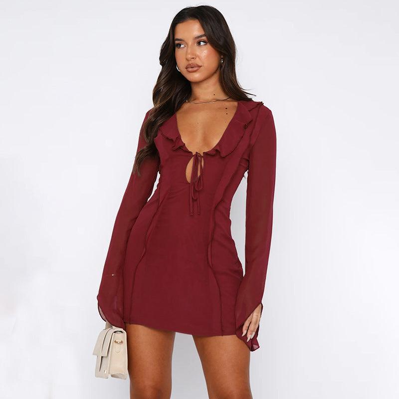 Ruffled V - neck Lace - up Long - sleeved Y2K Dress for Women - MRC STORETopMy StoreRuffled V - neck Lace - up Long - sleeved Y2K Dress for Women - MRC STOREMRC STORECJLY211358509IRWine RedL